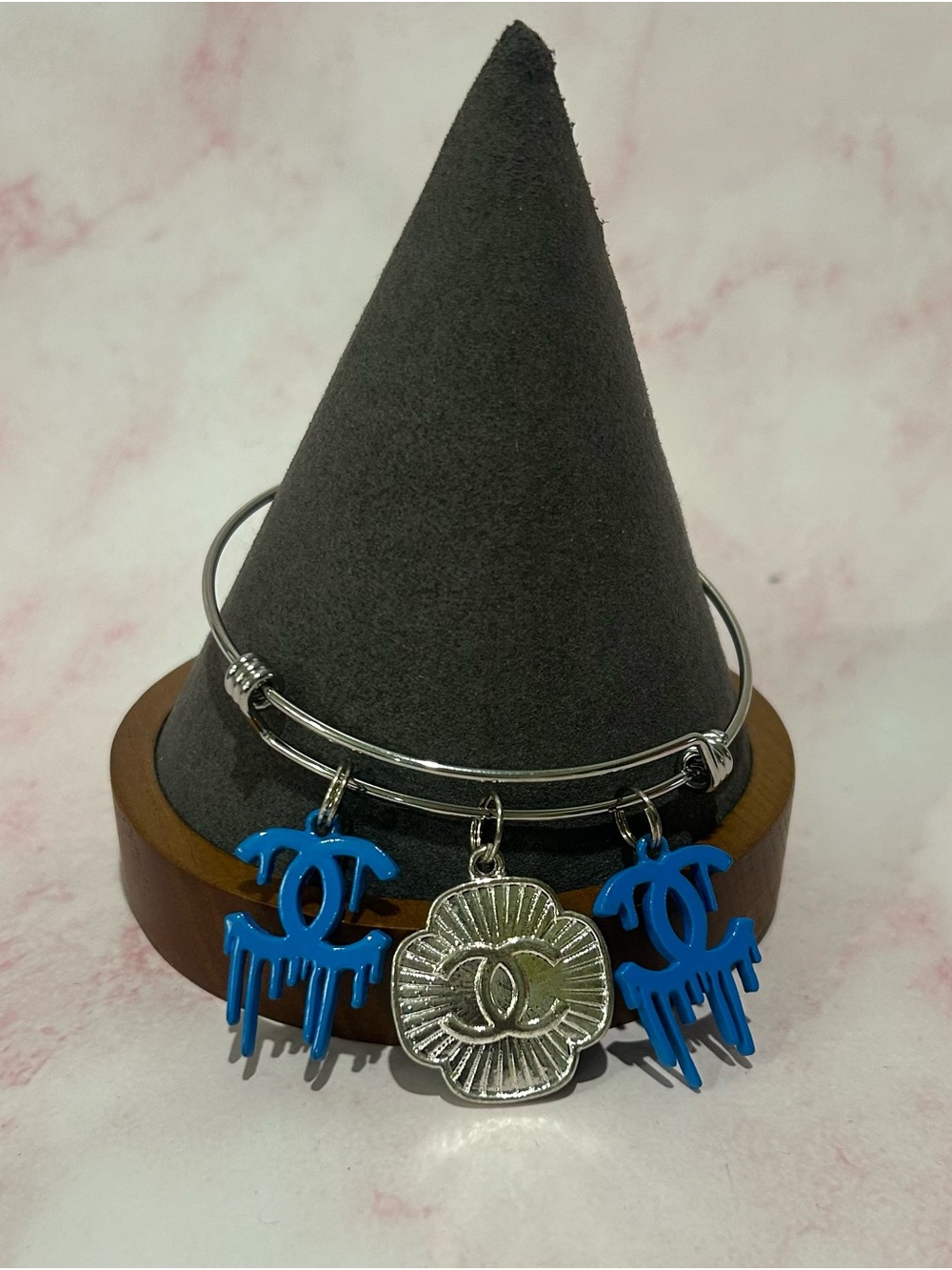 Stainless steel Charm Bangle Bracelet with Blue Logo Charms